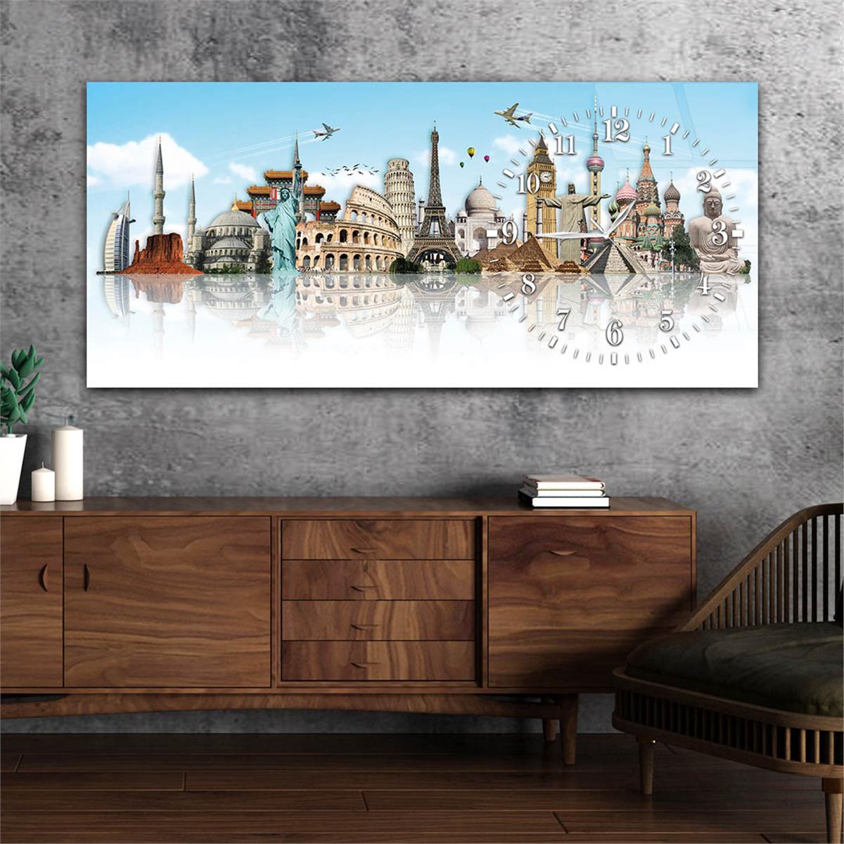 Yatay Saatli Yandan Sanat ve Doğa Temalı Cam Tablo 107