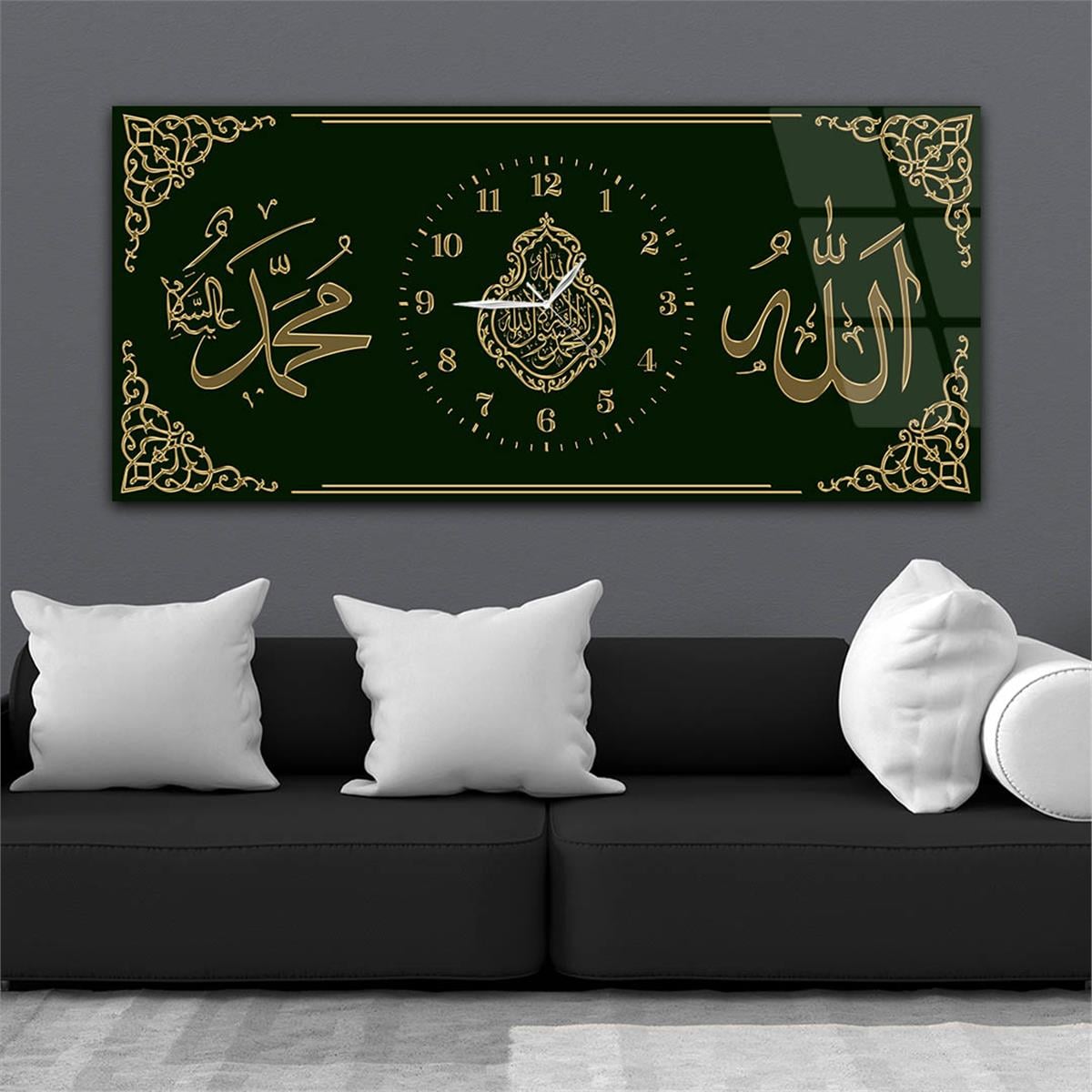 Yatay Saatli Ortadan Dini Temalı Cam Tablo 120