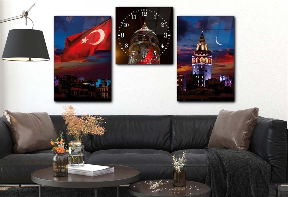 Galata Tower and Turkish Flag Tempered Glass Wall Art Set with Clock