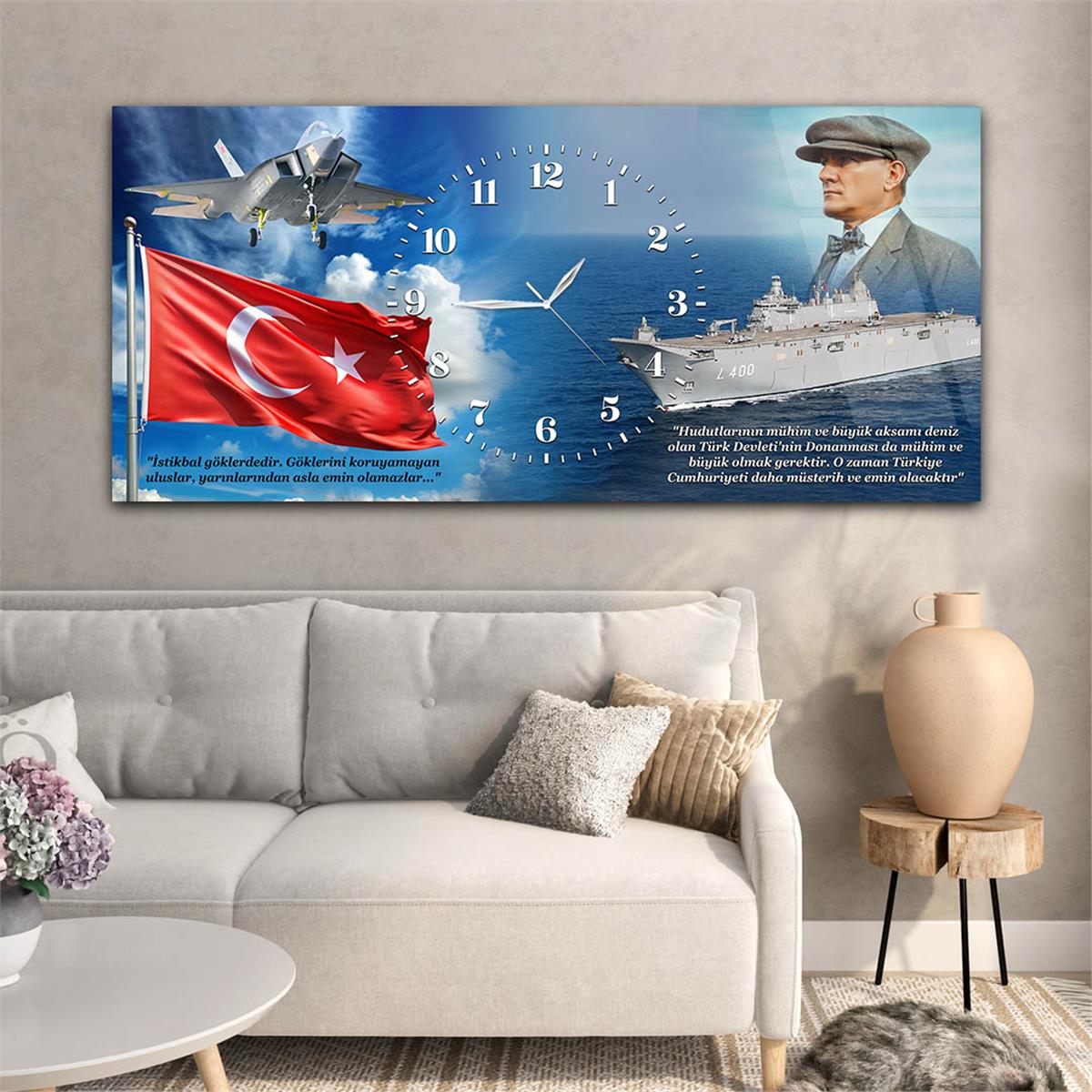 Yatay Saatli Ortadan Vatan Temalı Cam Tablo 140