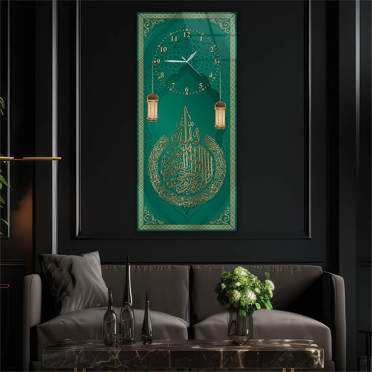 Vertical Religious Themed Glass Wall Art with Clock at the Top  050