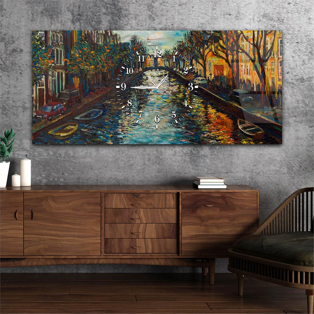 Yatay Ortadan Saatli  Sanat ve Doğa Temalı Cam Tablo 030