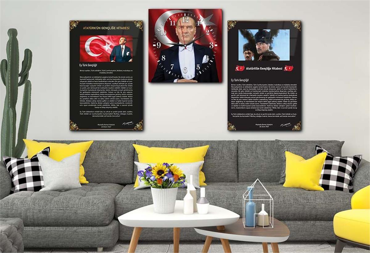MUSTAFA KEMAL ATATÜRK GÖRSELLİ İSTİKLAL MARŞI VE GENÇLİĞE HİTABE YAZILI CAM TABLO SAAT SETİ 