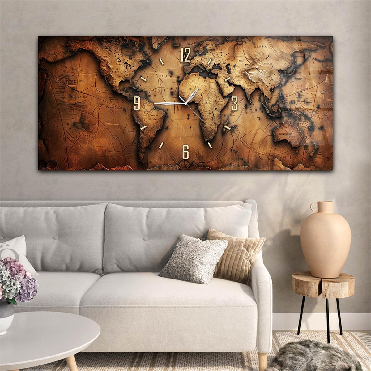 Yatay Saatli Ortadan Vatan Temalı Cam Tablo 108