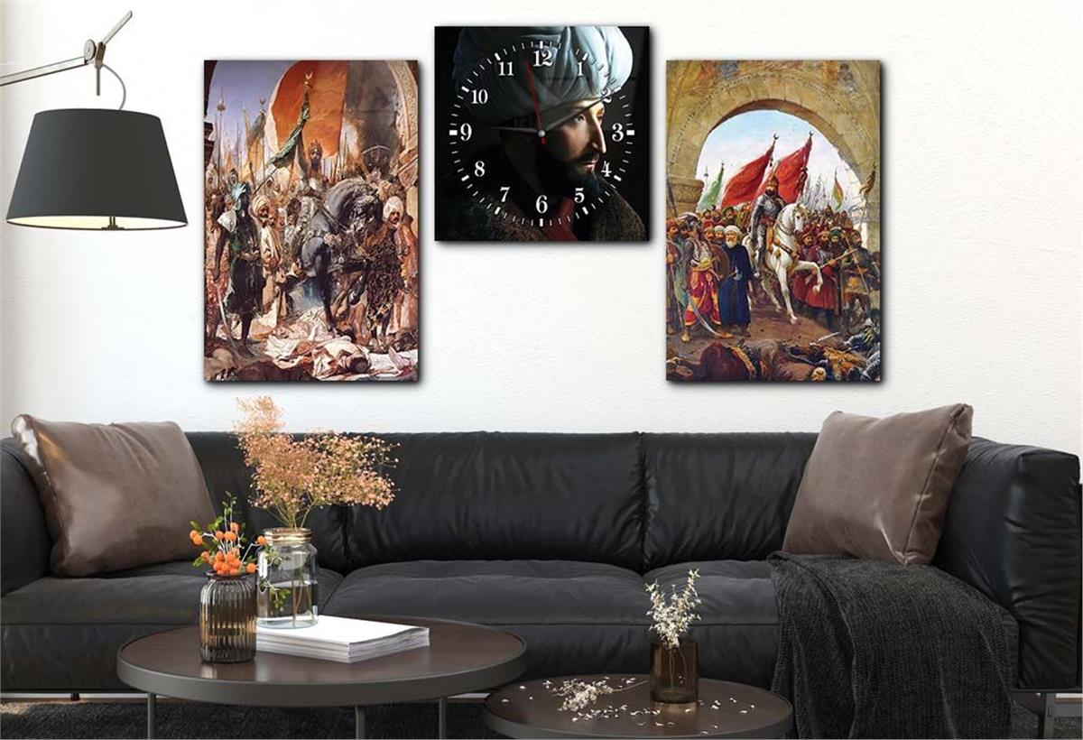 FATİH SULTAN MEHMET HAN'S ENTRY TO ISTANBUL FROM THE WALLS Glass Wall Art Set with Clock
