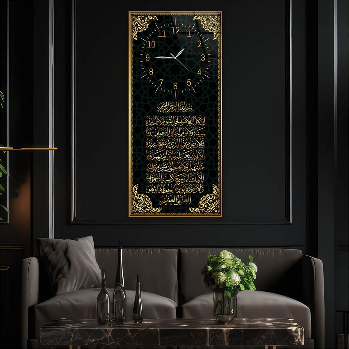 Vertical Religious Themed Glass Wall Art with Clock at the Top  017
