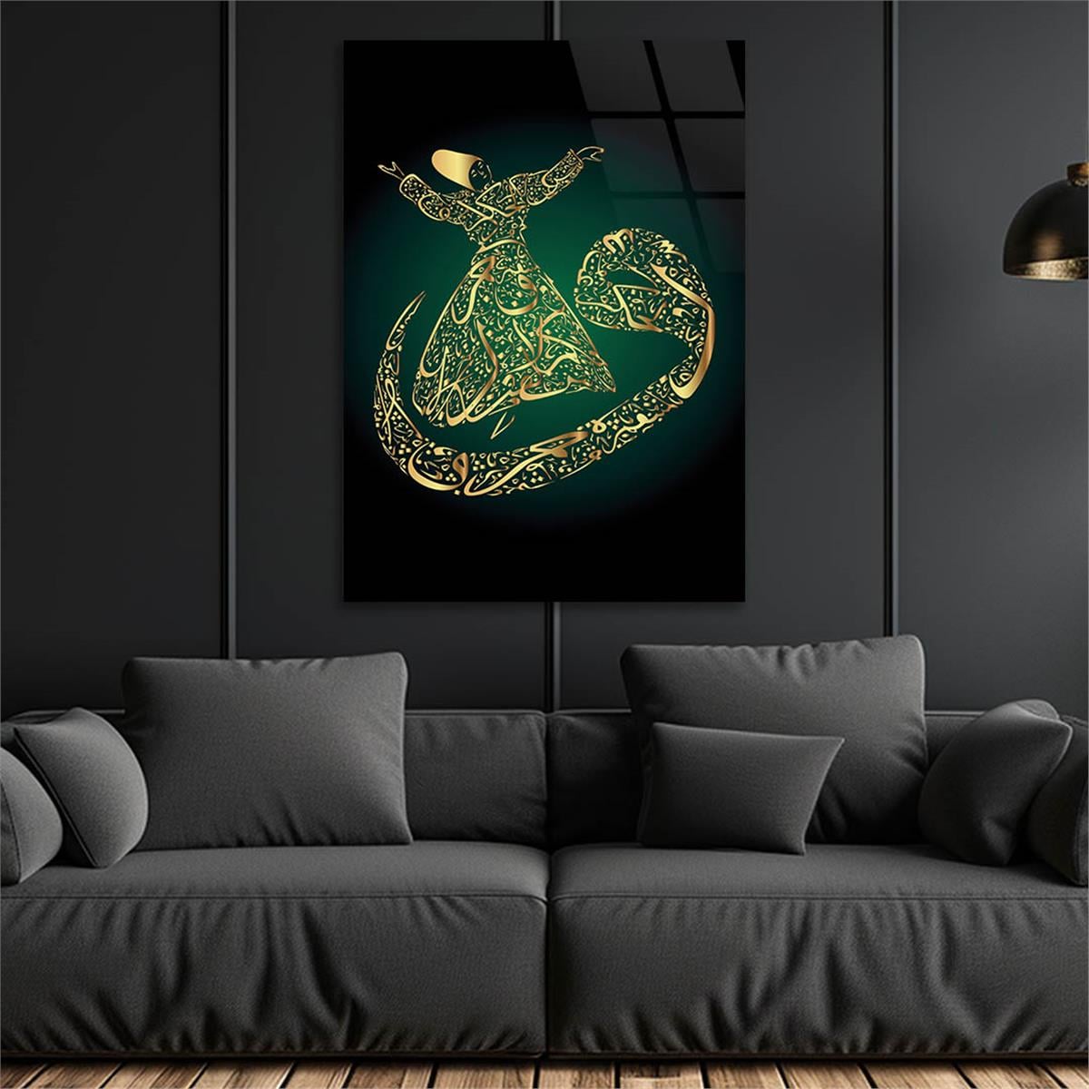 Gehard Glasschilderij  met koranverzen, wervelende derwish en Arabische letter 'vav' visuals