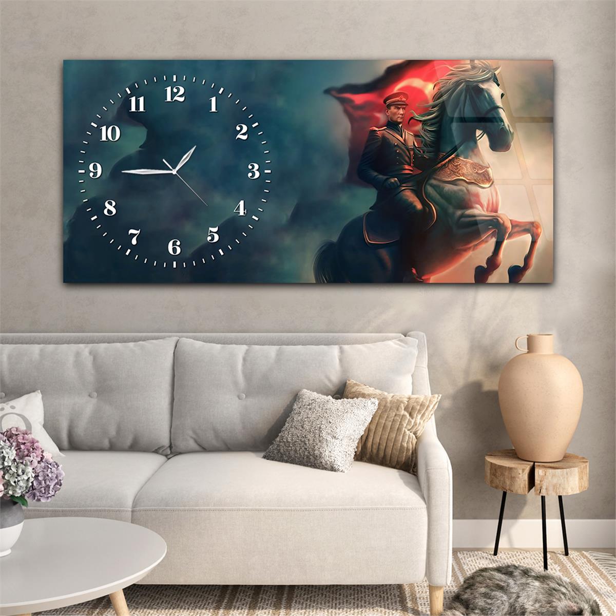 Yatay Saatli Yandan Vatan Temalı Cam Tablo 034