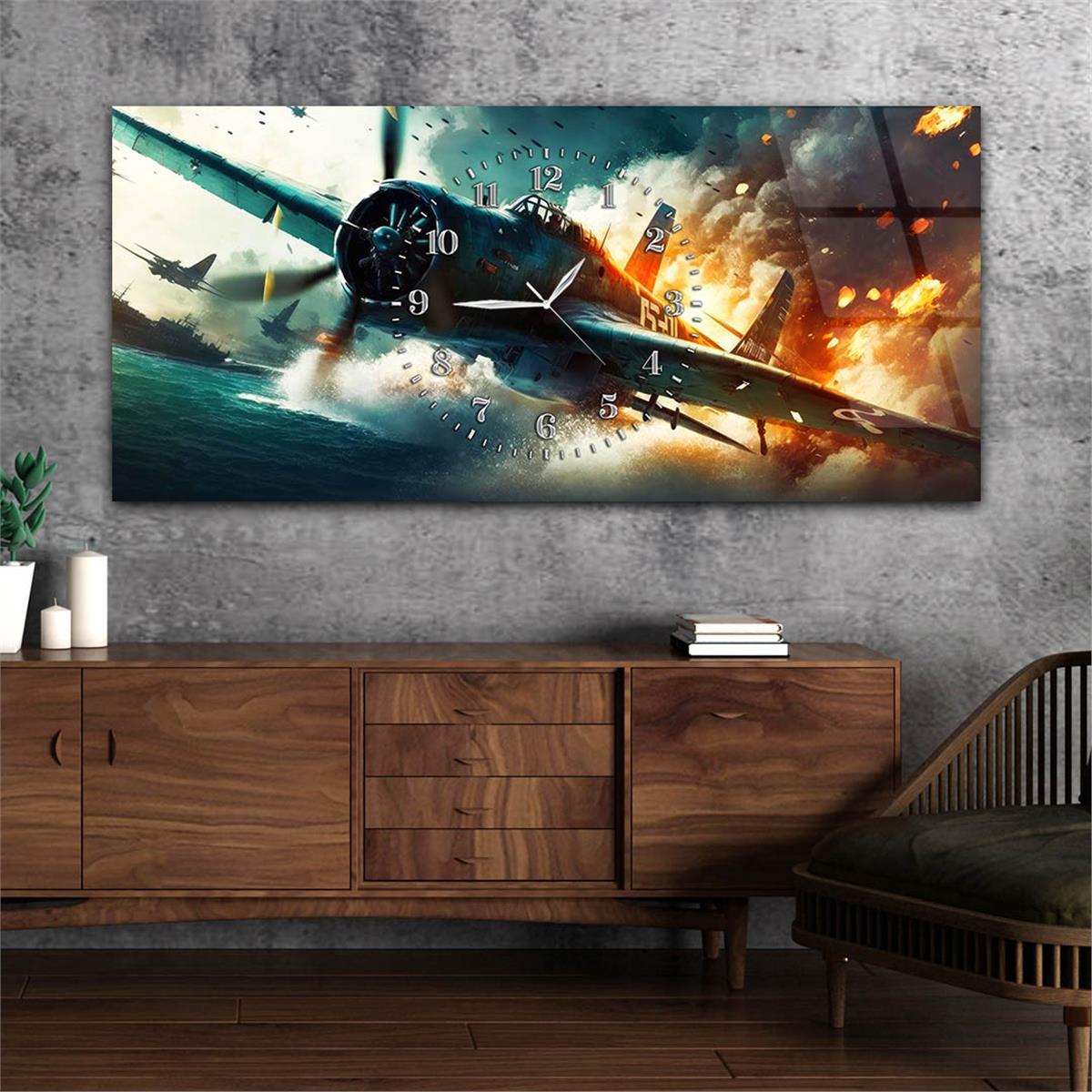 Deniz Üstünde Savaş Uçağı Görselli Saatli Cam Tablo