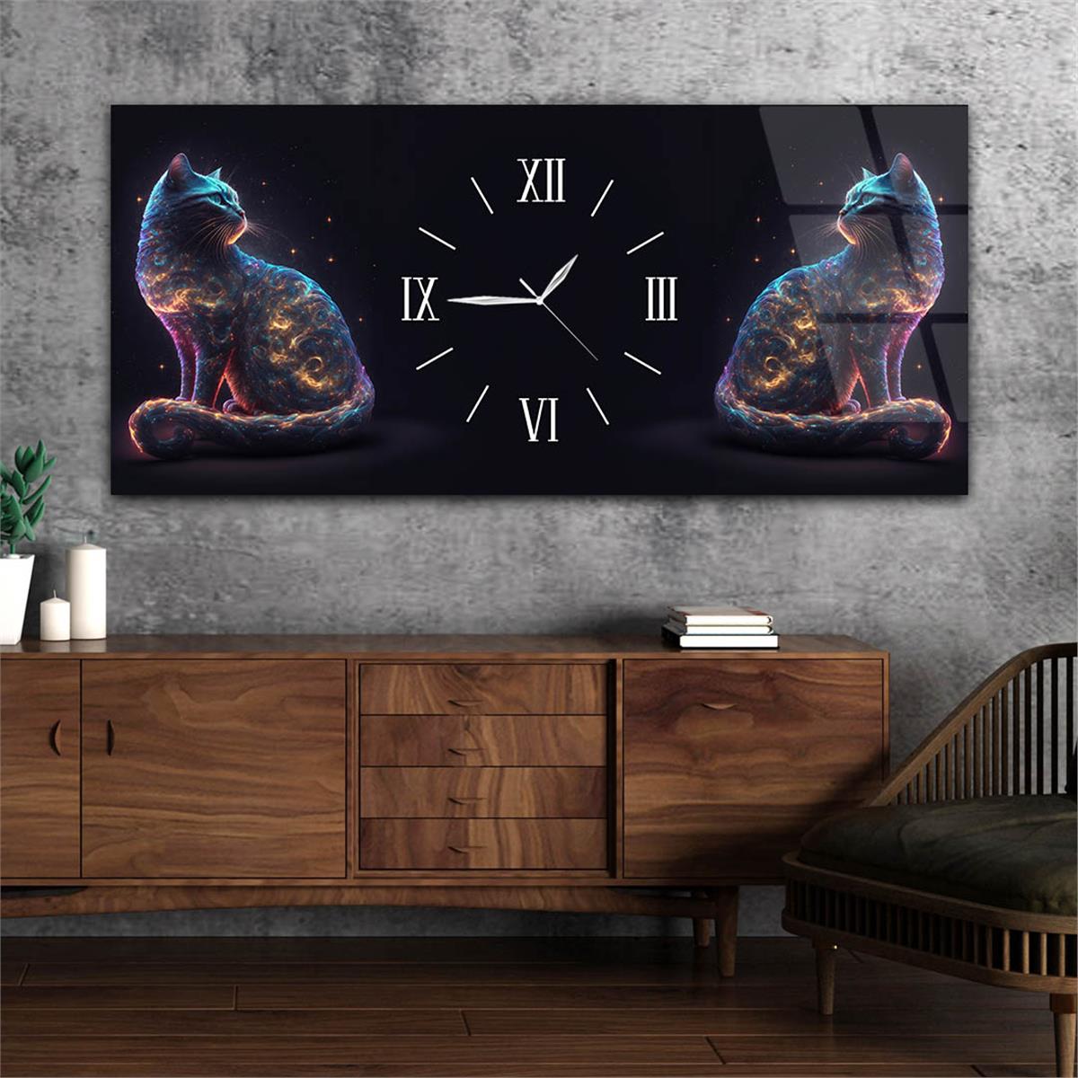 Yatay Ortadan Saatli  Sanat ve Doğa Temalı Cam Tablo 076