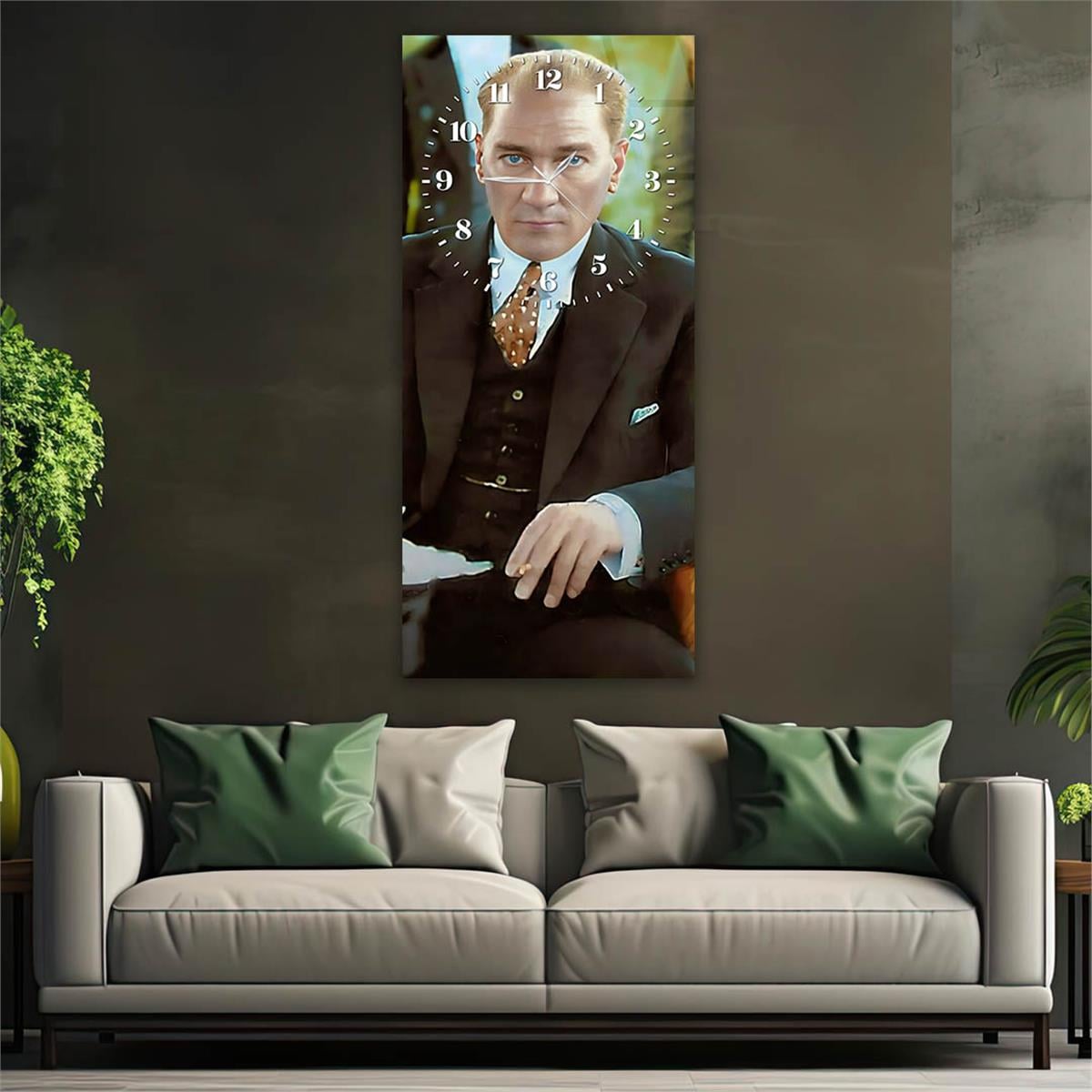 Dikey Üsten Saatli Vatan Temalı Cam Tablo 001