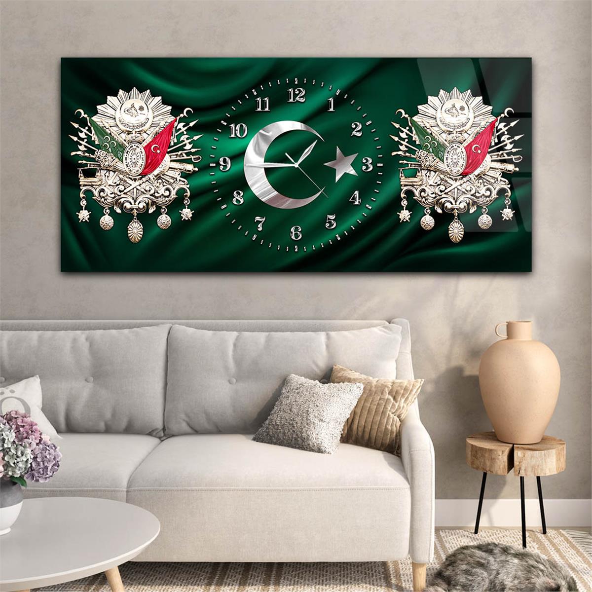 Yatay Saatli Ortadan Vatan Temalı Cam Tablo 149