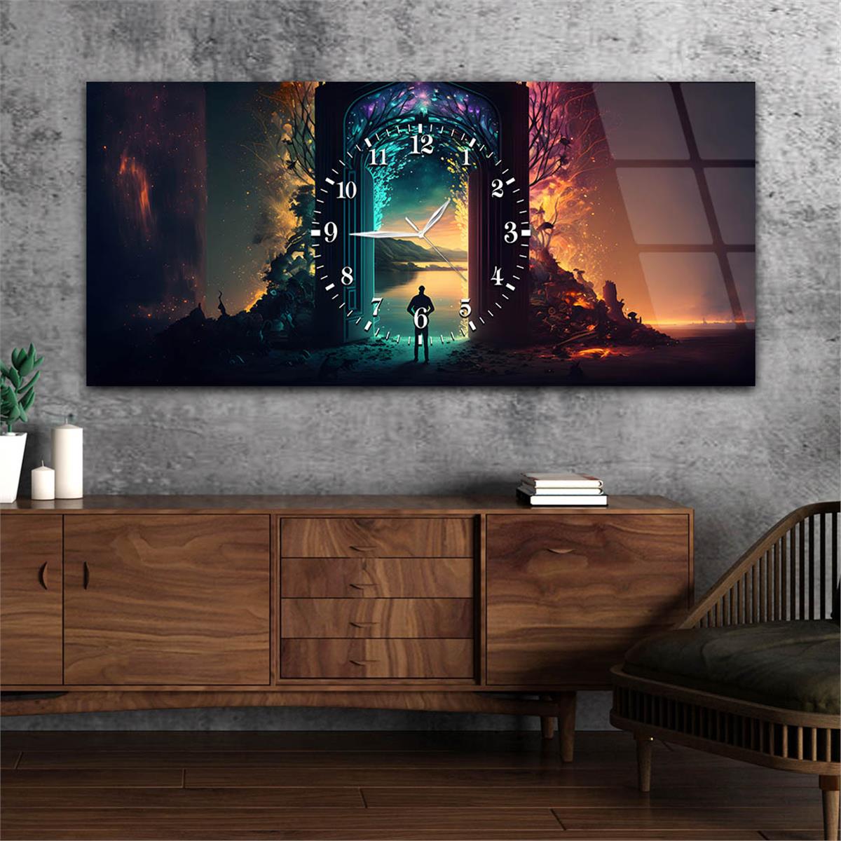 Yatay Ortadan Saatli  Sanat ve Doğa Temalı Cam Tablo 107