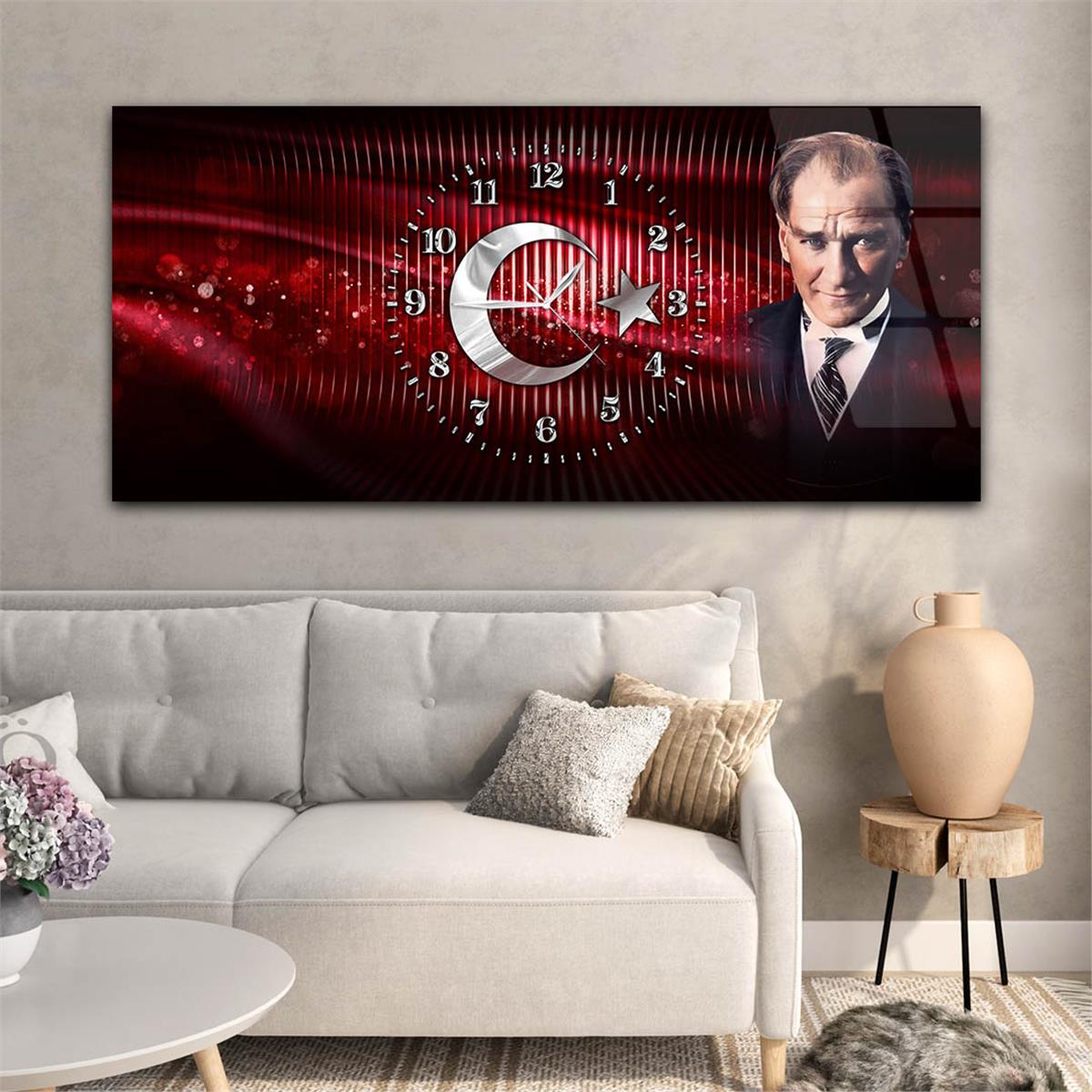 Yatay Saatli Ortadan Vatan Temalı Cam Tablo 141