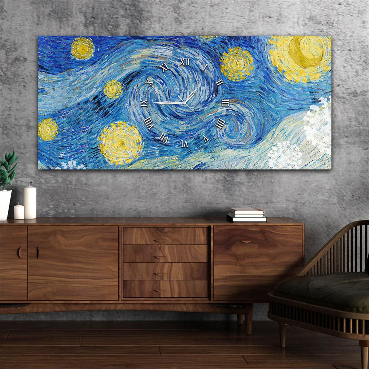 Yatay Ortadan Saatli  Sanat ve Doğa Temalı Cam Tablo 002