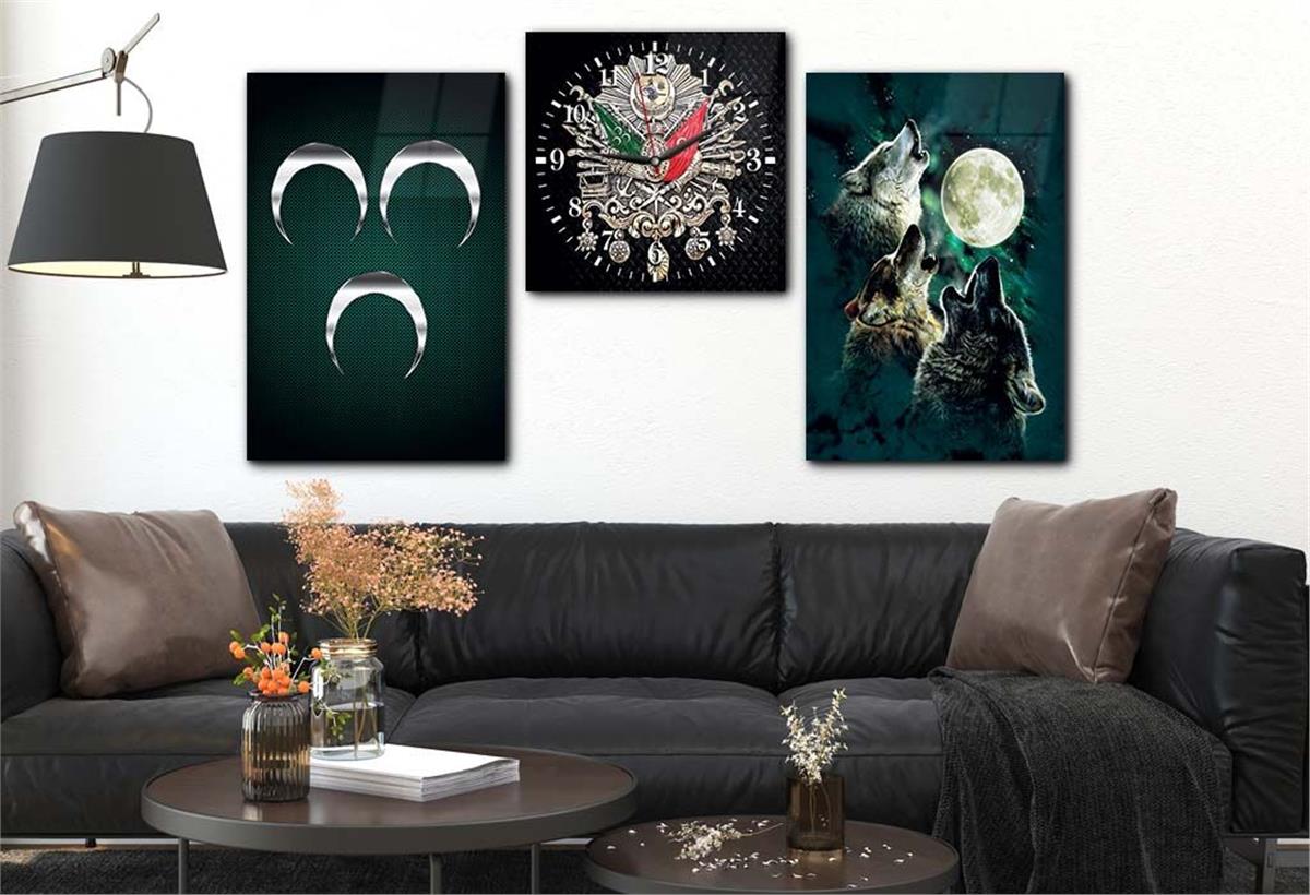 Ottoman State Coat of Arms and Three Crescent and Gray Wolf Tempered Glass Wall Art Set with Clock