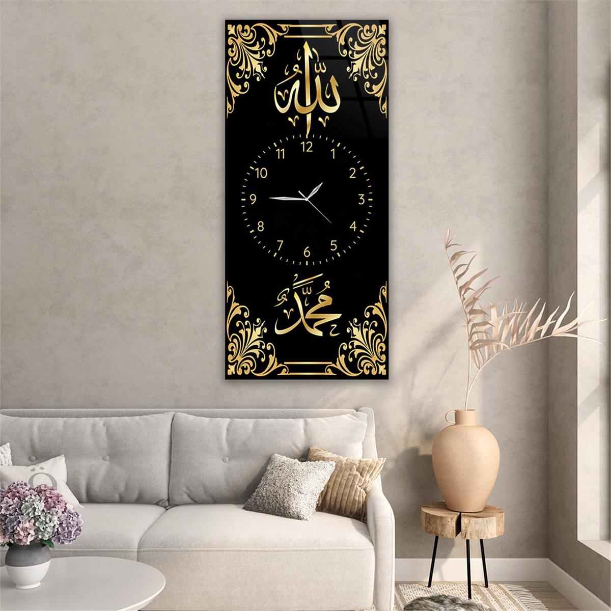 Vertical Religious Themed Glass Wall Art with Clock at the Center 004