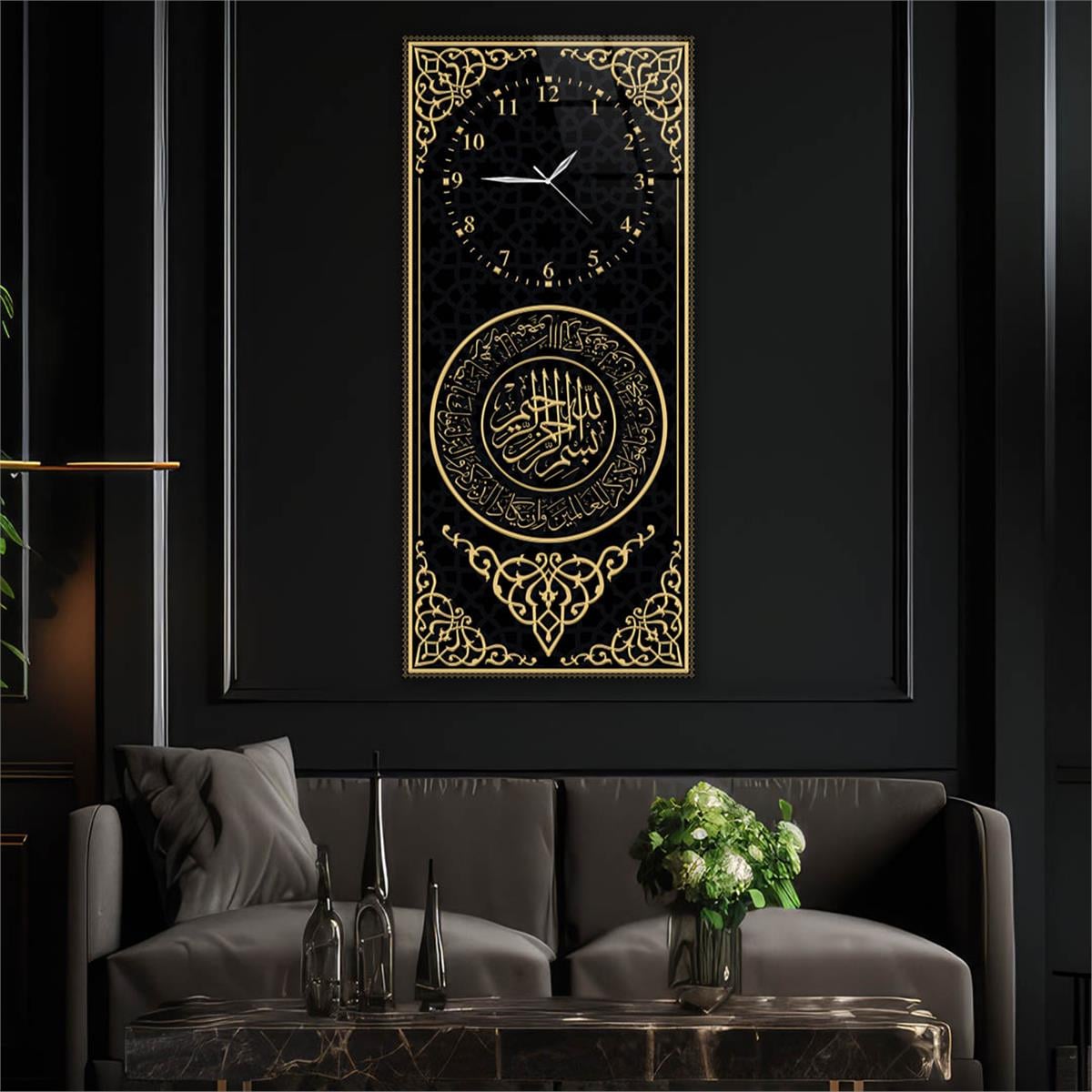 Vertical Religious Themed Glass Wall Art with Clock at the Top  026
