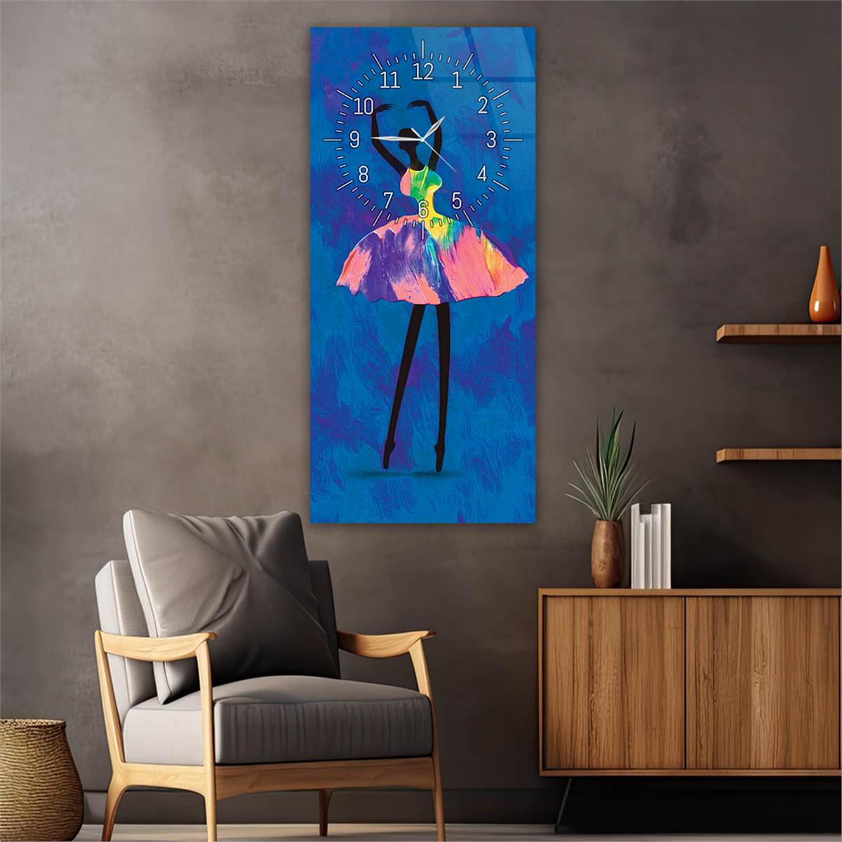 Dikey Üstten Saatli Sanat Temalı Cam Tablo 060