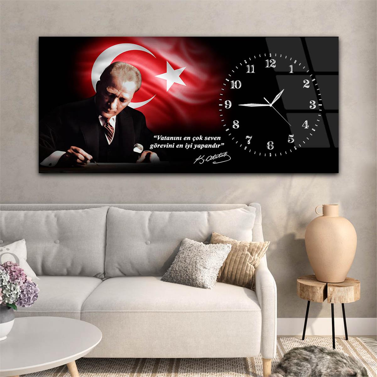 Yatay Saatli Yandan Vatan Temalı Cam Tablo 036