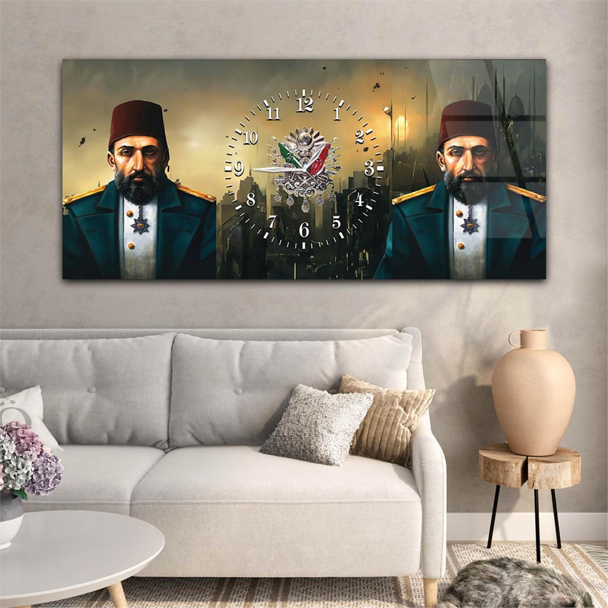 Abdulhamit Han ve Osmanlı Tuğra Saatli Cam Tablo 072