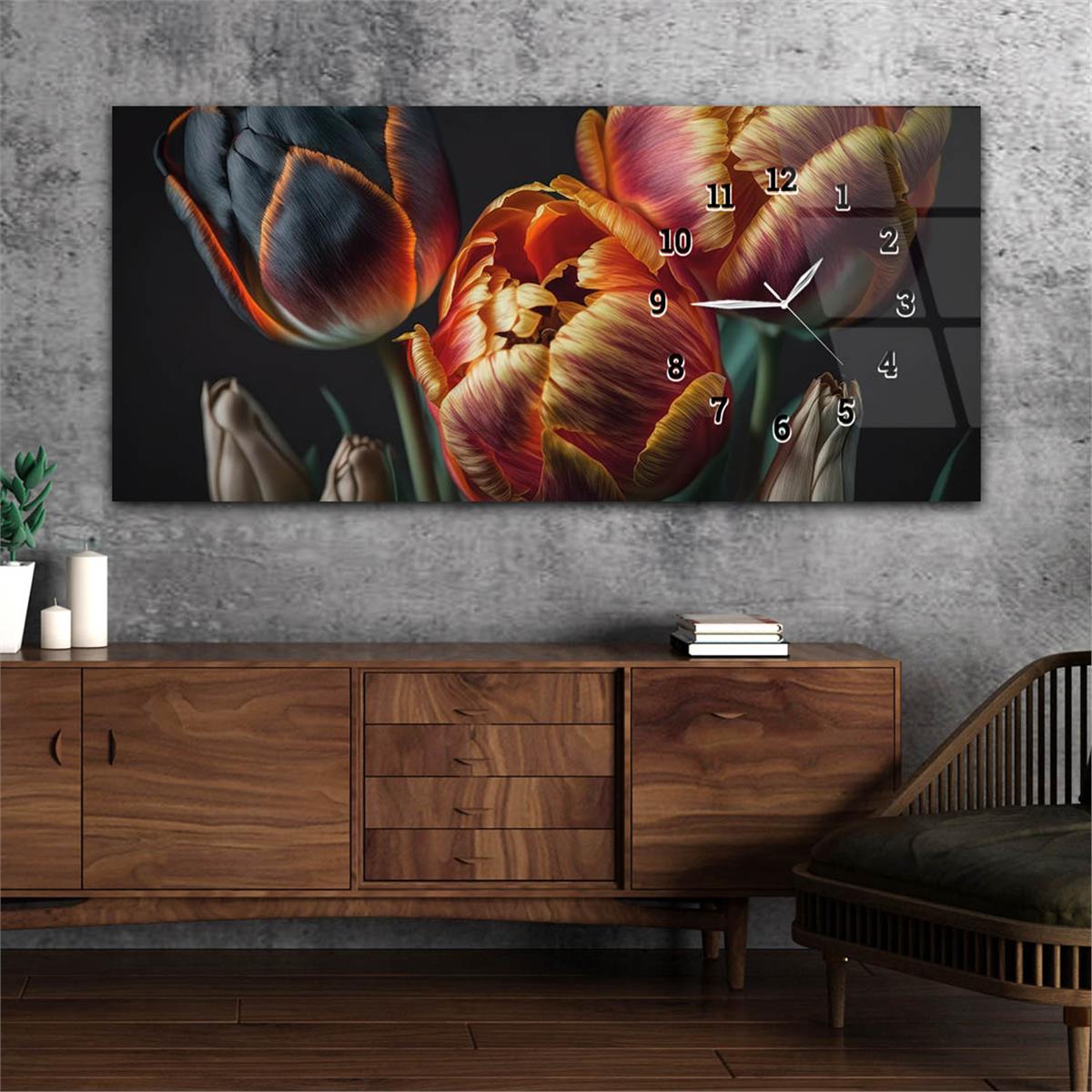 Yatay Saatli Yandan Sanat ve Doğa Temalı Cam Tablo 194