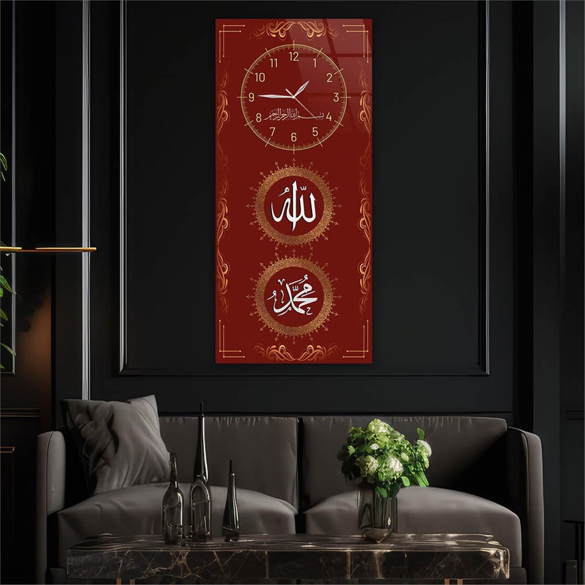 Dikey Üstten Saatli Dini Temalı Cam Tablo 040