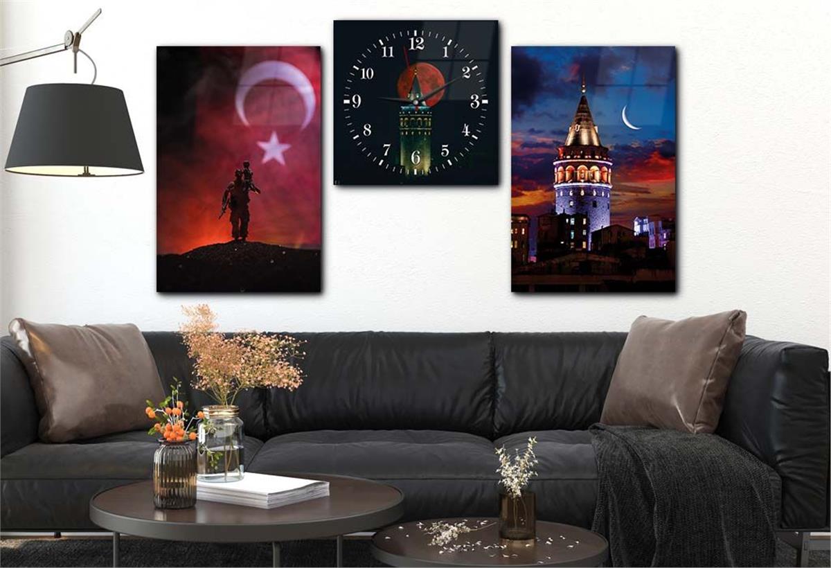 Galata Tower and Turkish Flag Tempered Glass Wall Art Set with Clock