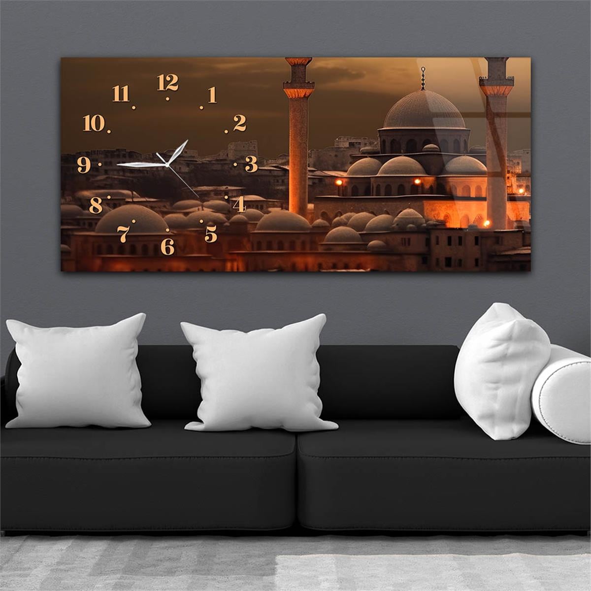 Yatay Saatli Yandan Dini Temalı Cam Tablo 083