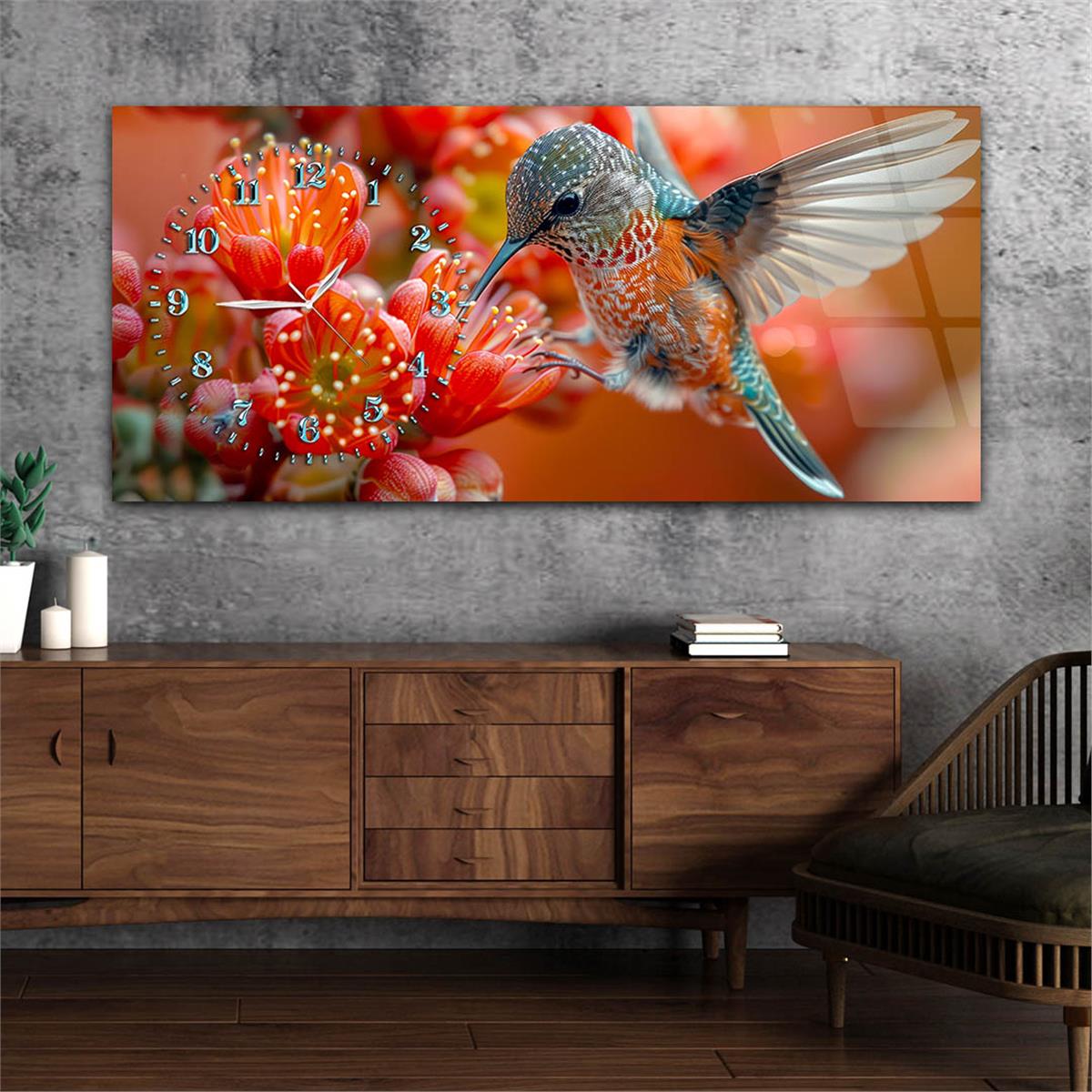 Yatay Saatli Yandan Sanat Temalı Cam Tablo 370