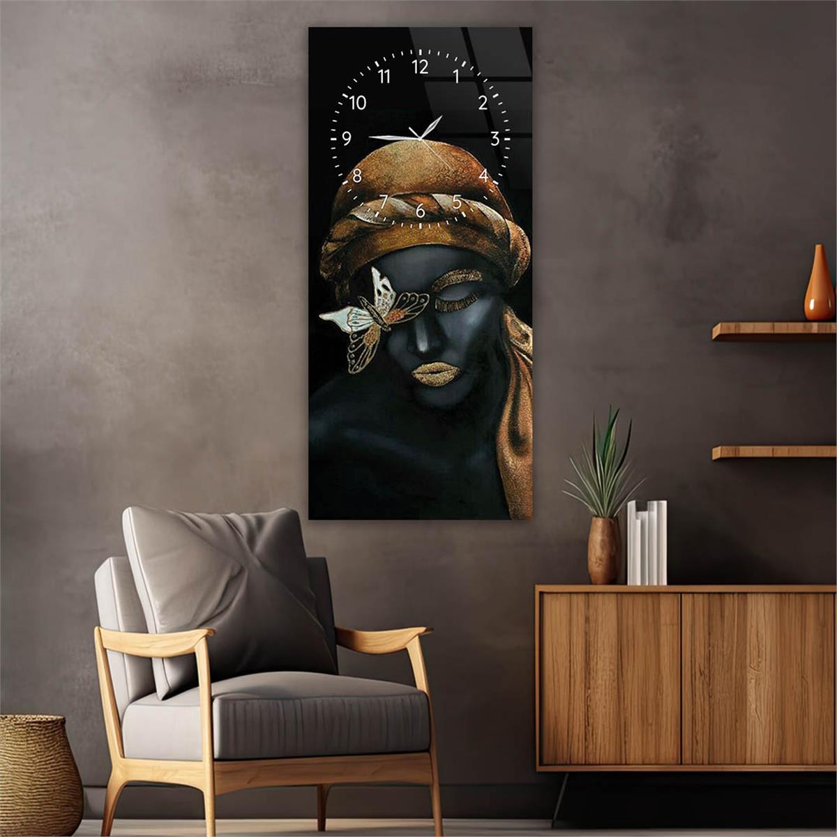Vertical Art Themed Glass Wall Art with Clock at the Top 035