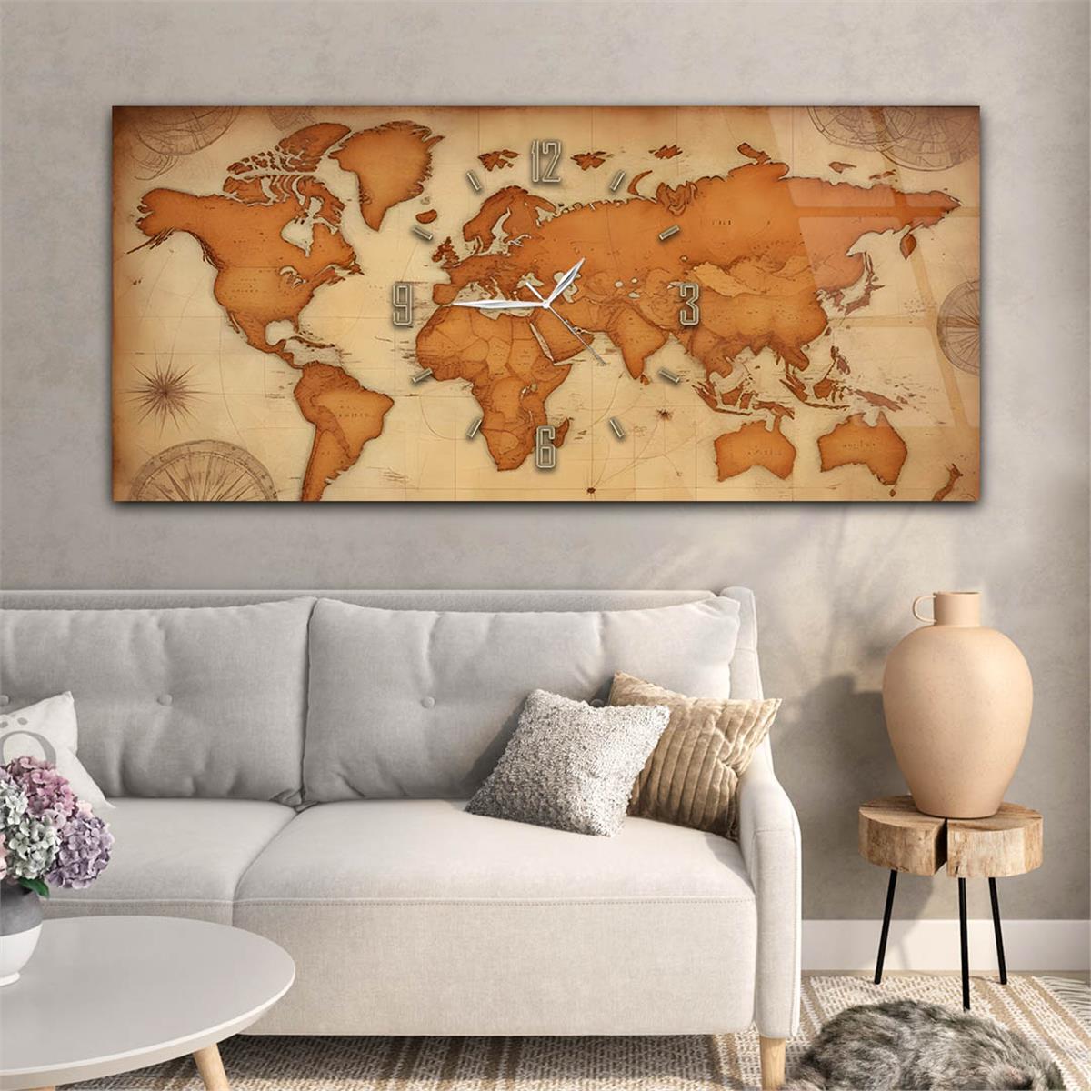 Yatay Saatli Ortadan Vatan Temalı Cam Tablo 112