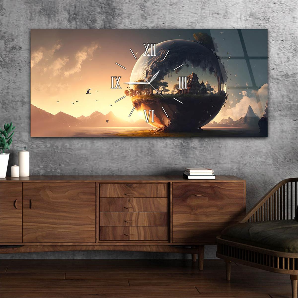 Yatay Ortadan Saatli  Sanat ve Doğa Temalı Cam Tablo 097