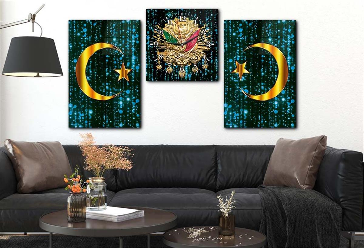 Ottoman State Coat of Arms and Crescent-Star Tempered Glass Wall Art Set with Clock