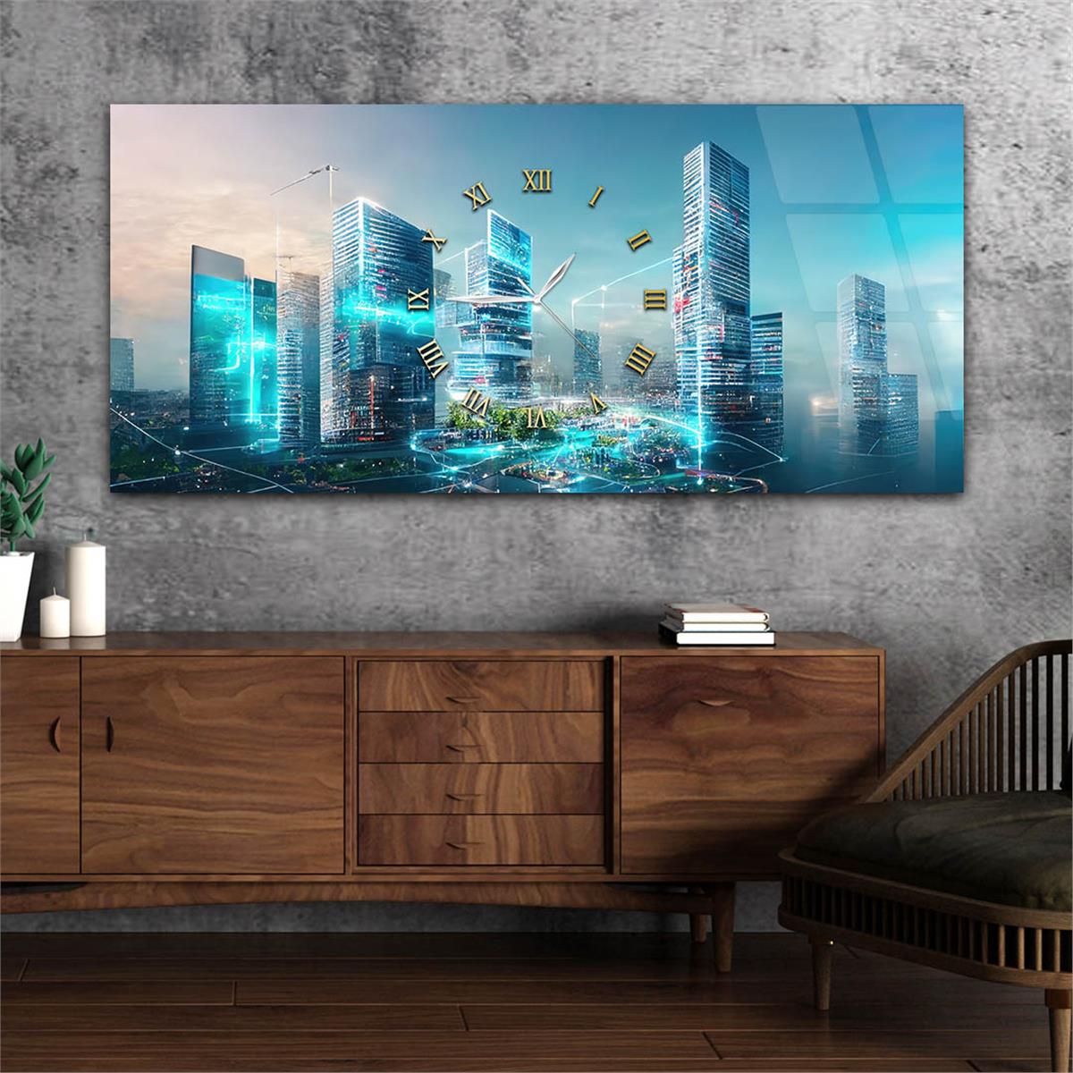 Yatay Ortadan Saatli  Sanat ve Doğa Temalı Cam Tablo 047