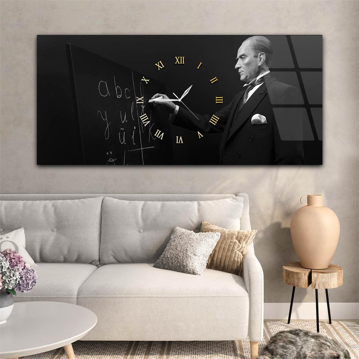 Harf İnkılâbı ve Atatürk Yatay Ortadan Saatli  Vatan Temalı Cam Tablo 057