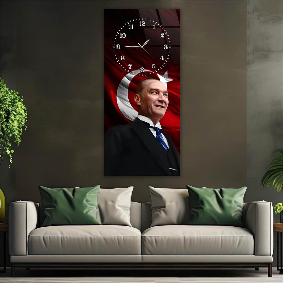 Dikey Üsten Saatli Vatan Temalı Cam Tablo 003