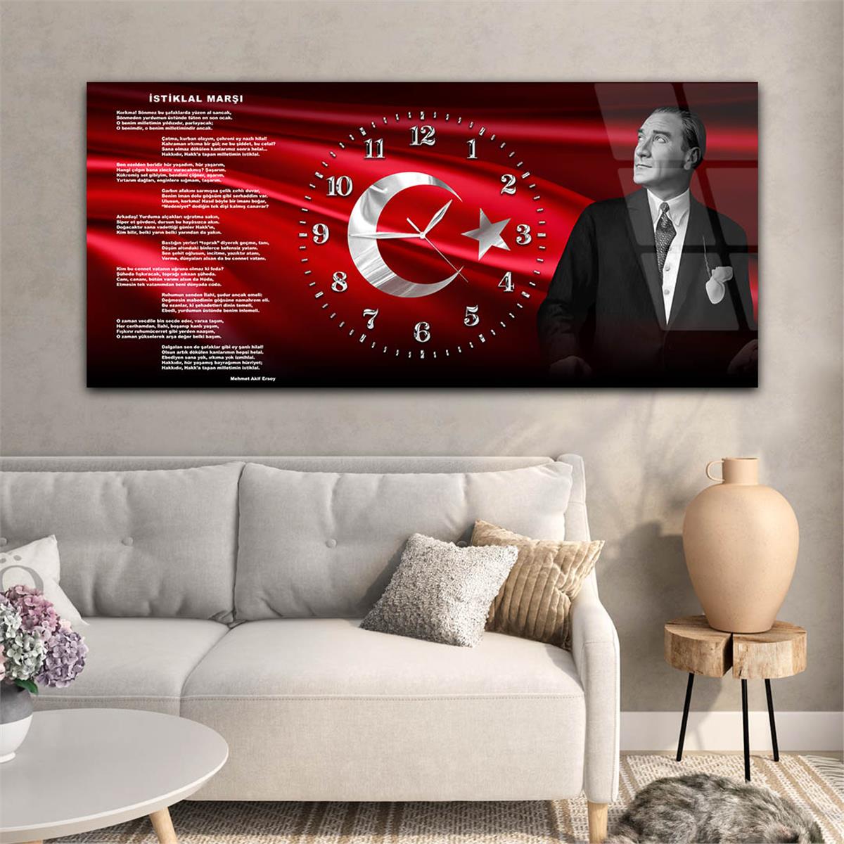 Yatay Saatli Ortadan Vatan Temalı Cam Tablo 168