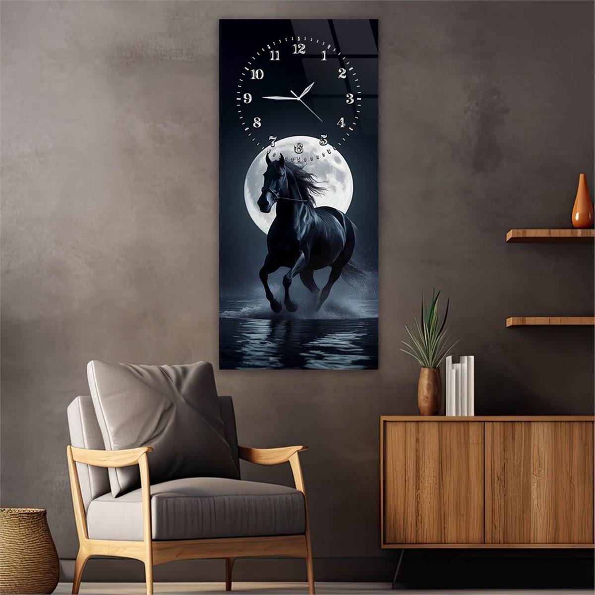 Dikey Üstten Saatli Sanat Temalı Cam Tablo 102