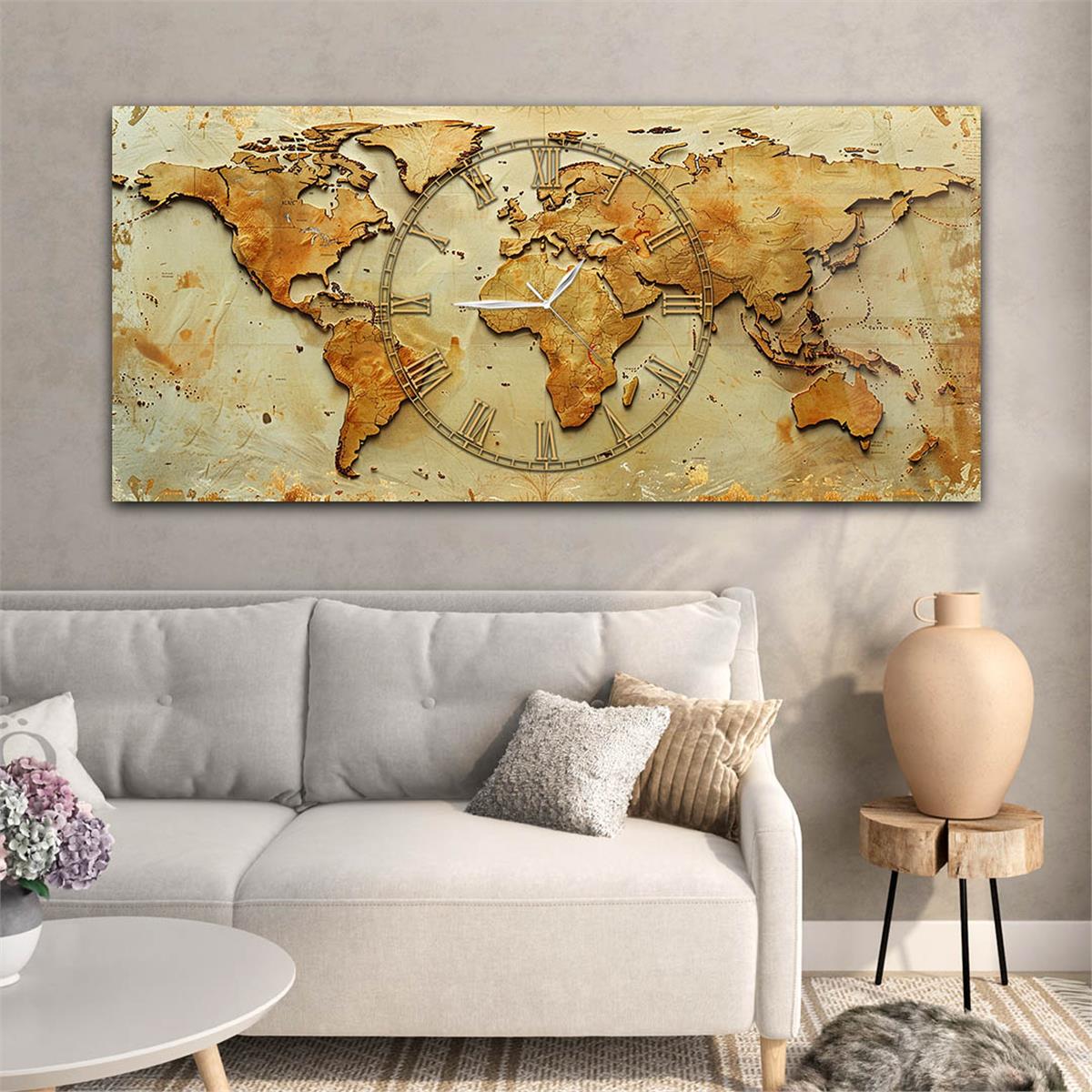 Yatay Saatli Ortadan Vatan Temalı Cam Tablo 127