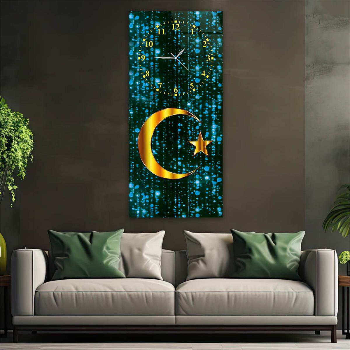 Vertical National Themed Glass Wall Art with Clock at the Top 018