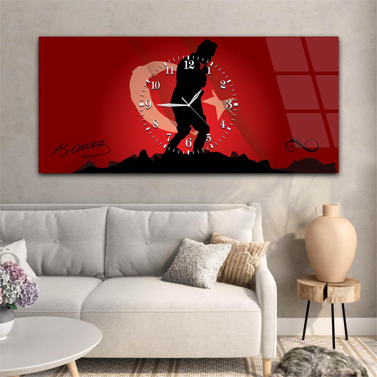 Türk Bayrağı Zemininde Atatürk, İmzası ve 1938-1881 Yazılı Yatay Ortadan Saatli  Vatan Temalı Cam Tablo 049