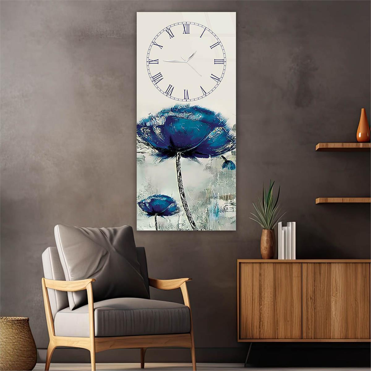 Dikey Üstten Saatli Sanat Temalı Cam Tablo 075