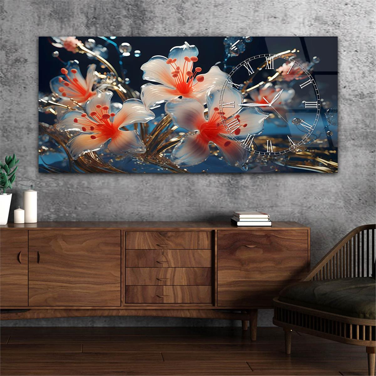 Yatay Saatli Yandan Sanat Temalı Cam Tablo 249