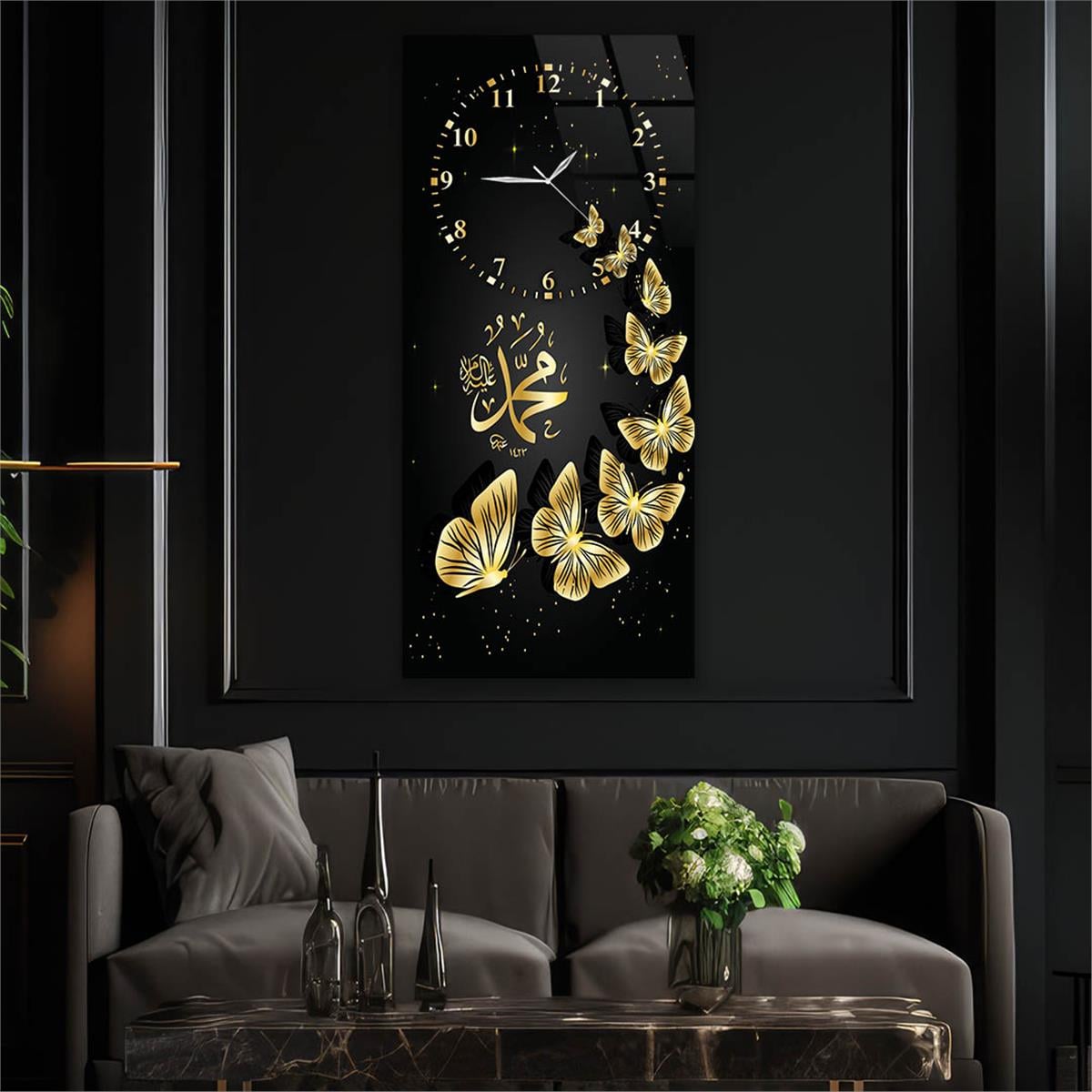 Vertical Religious Themed Glass Wall Art with Clock at the Top  008