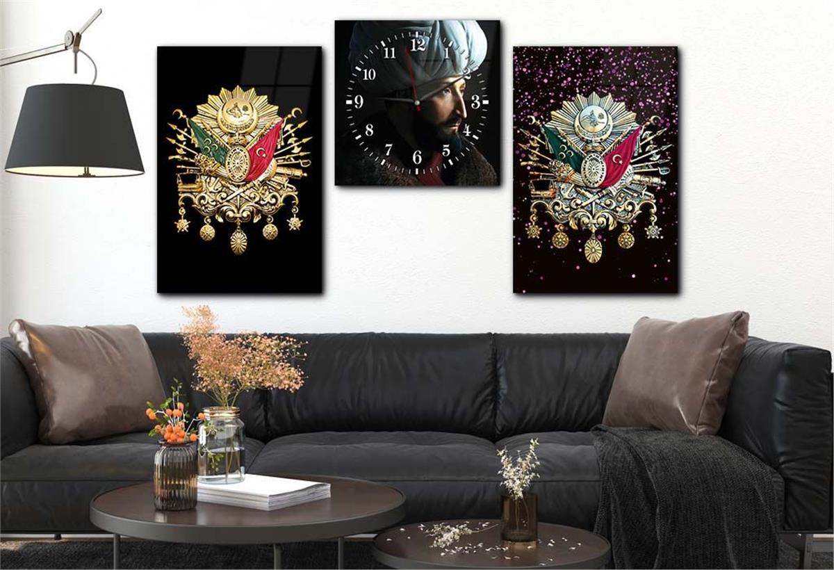 Fatih Sultan Mehmet Khan en Ottoman State Arms Gehard Glasschilderij Set met klok