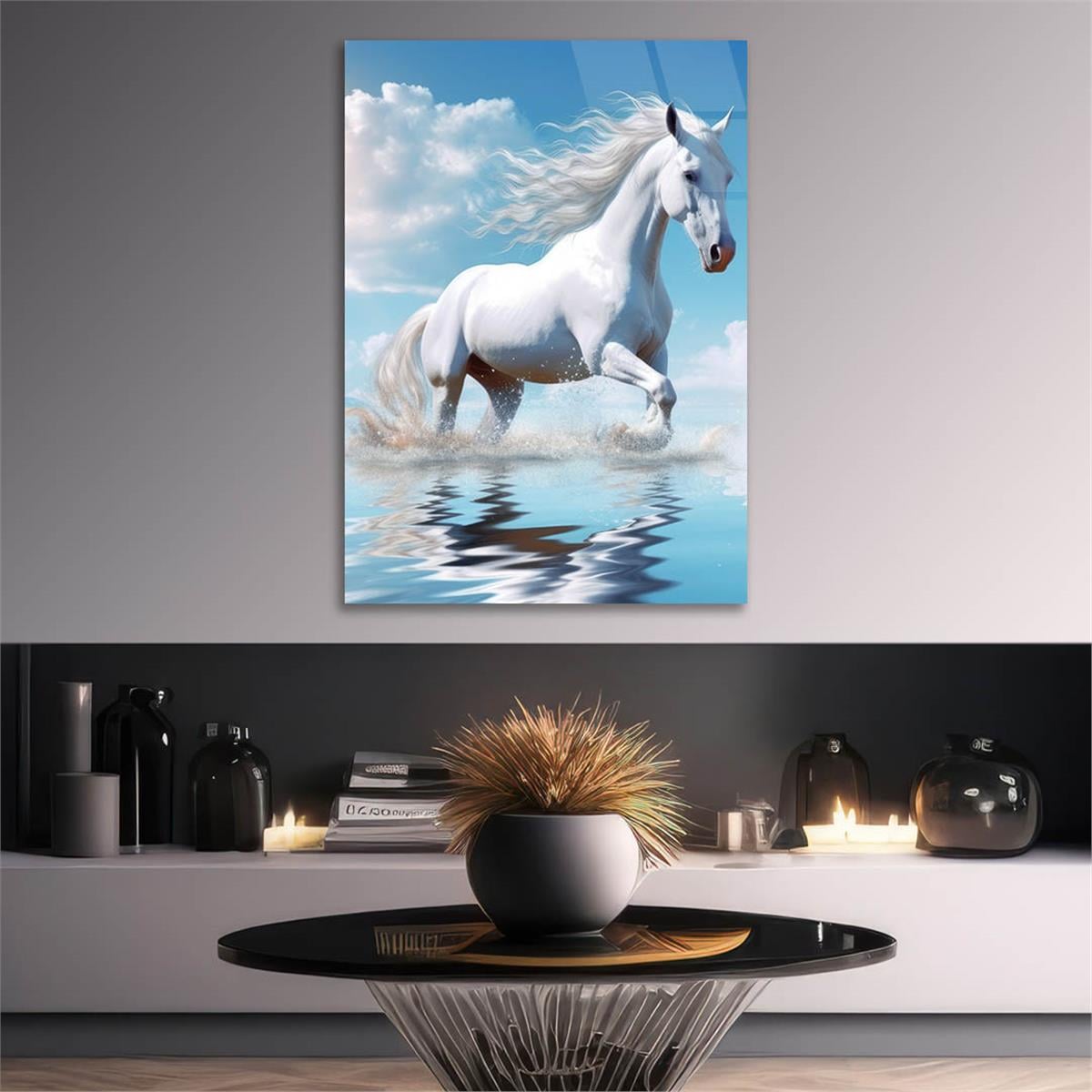 Een wit paard dat in het water rent Verticale Gehard Glasschilderij Natuur Thema 226