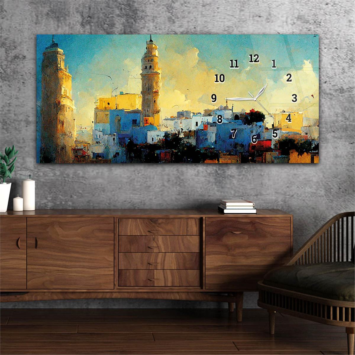 Yatay Saatli Yandan Sanat ve Doğa Temalı Cam Tablo 191