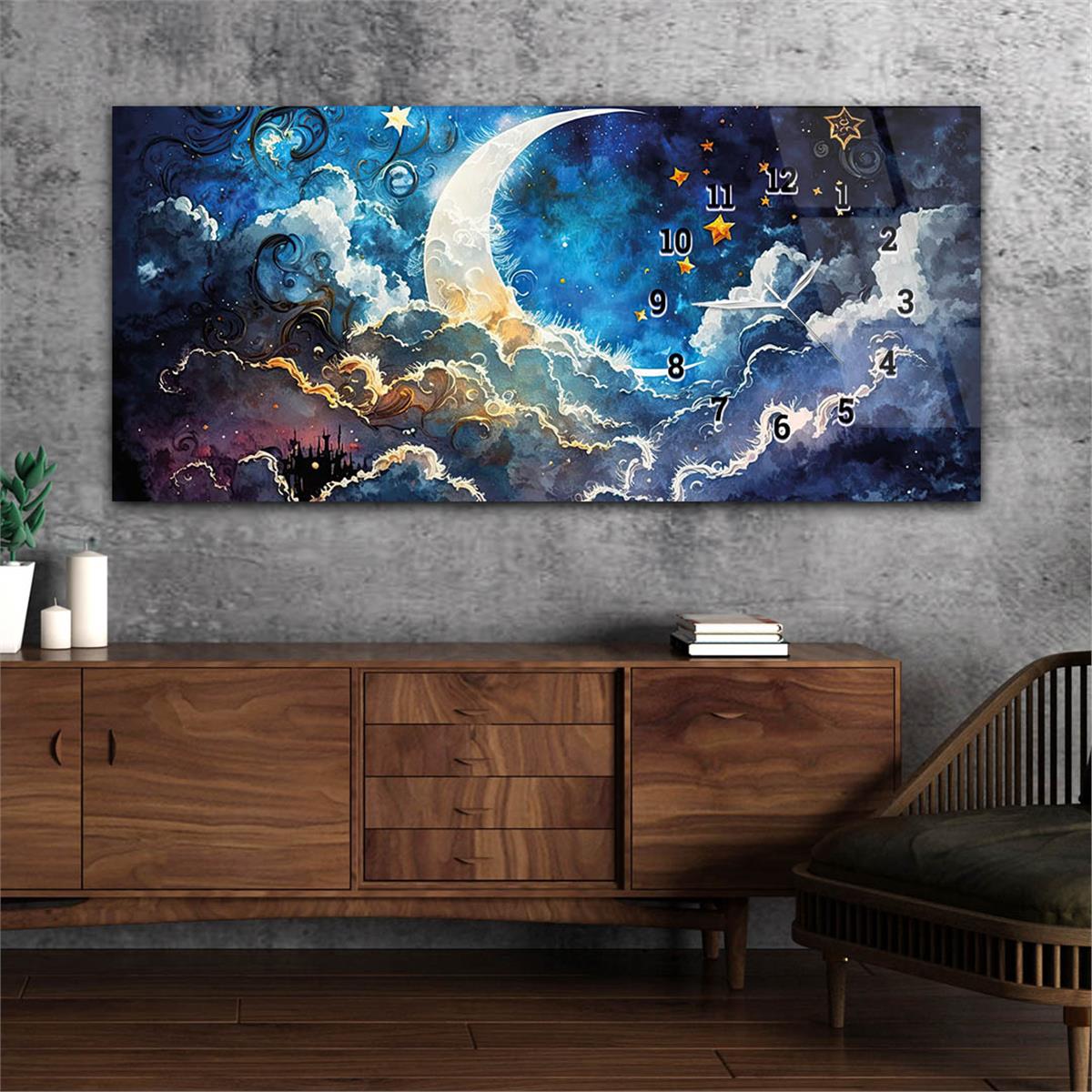 Yatay Saatli Yandan Sanat ve Doğa Temalı Cam Tablo 198