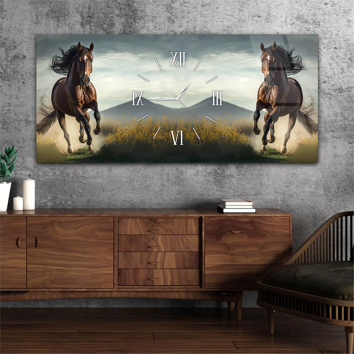 Yatay Ortadan Saatli  Sanat ve Doğa Temalı Cam Tablo 056